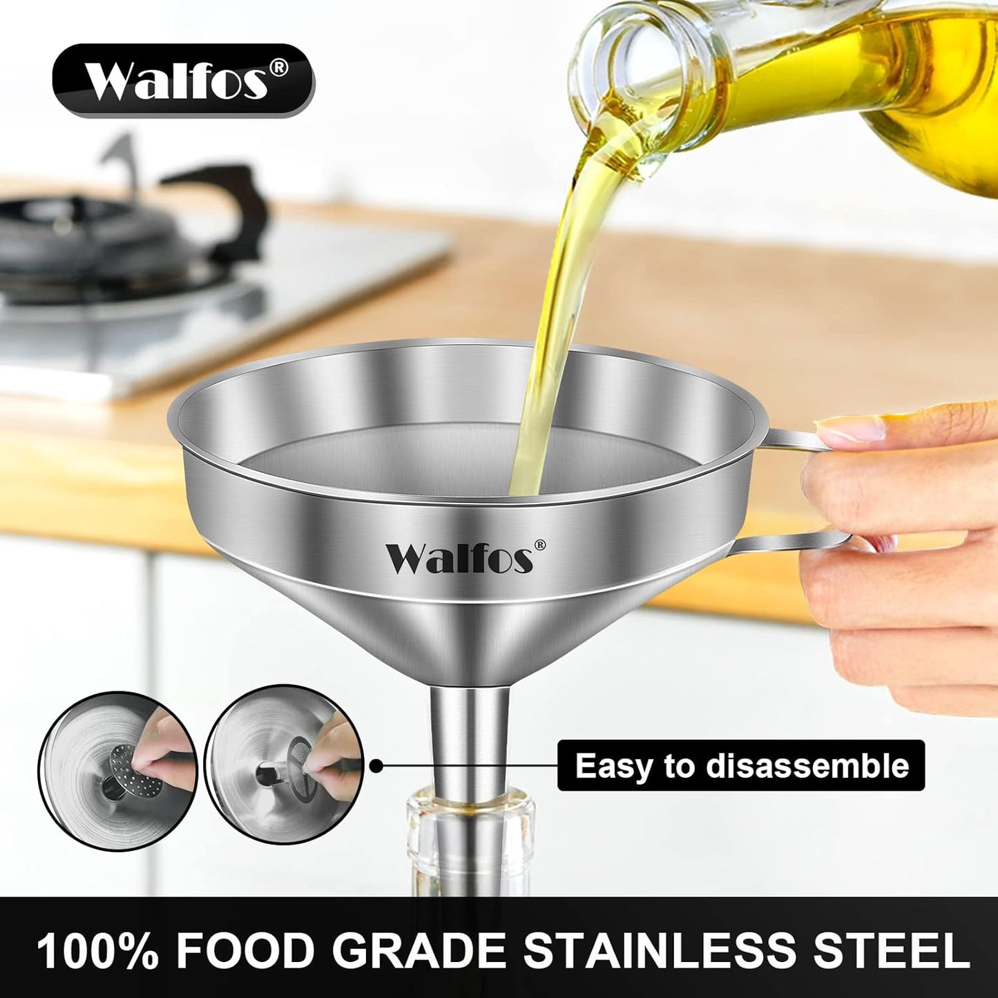 Stainless Steel Funnel, Walfos 3 Pack Kitchen Funnel with 2 Removable Strainer ＆ 1Pcs Cleaning Brush, Perfect for Transferring of Liquid, Oils, Jam, Dry Ingredients & Powder
