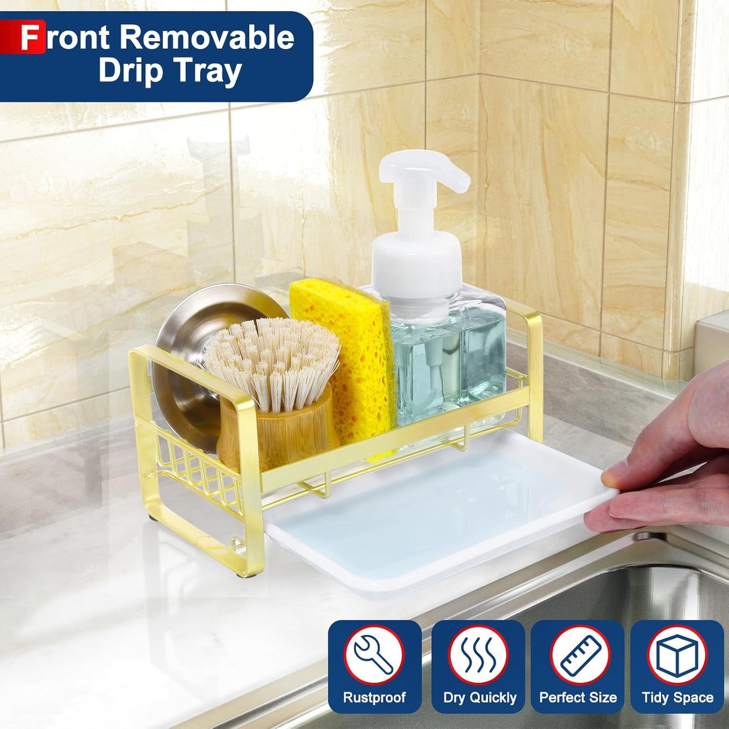 HULISEN Kitchen Sink Sponge Holder, 304 Stainless Steel Kitchen Soap Dispenser Caddy Organizer, Countertop Soap Dish Rack Drainer with Removable Drain Tray, not Including Dispenser and Brush