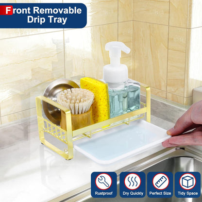 HULISEN Kitchen Sink Sponge Holder, 304 Stainless Steel Kitchen Soap Dispenser Caddy Organizer, Countertop Soap Dish Rack Drainer with Removable Drain Tray, not Including Dispenser and Brush