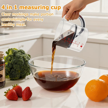 4-in-1 Adjustable Measuring Cup with Base, Multi Measurement for 1/4 to 1 Cup, ML/OZ, Scraper Base for No Waste, Dishwasher Safe