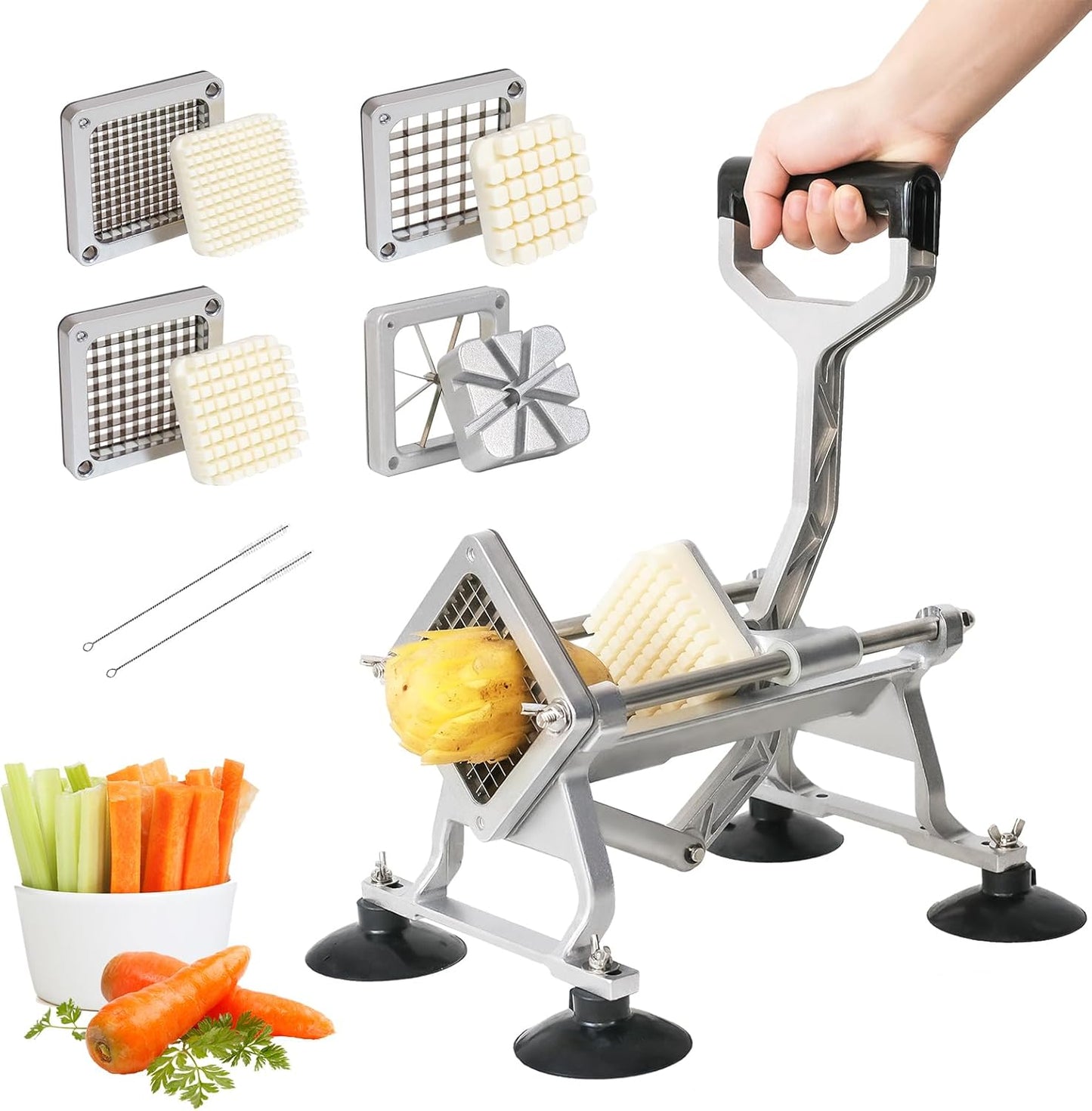 Anatole Commercial French Fry Cutter with 1/2'' 3/8'' 1/4'' 8-Wedge Stainless Steel Blades Professional Potato Cutter Dicer Manual Vegetable Chopper with Suction Cups for Carrot Cucumber Onion