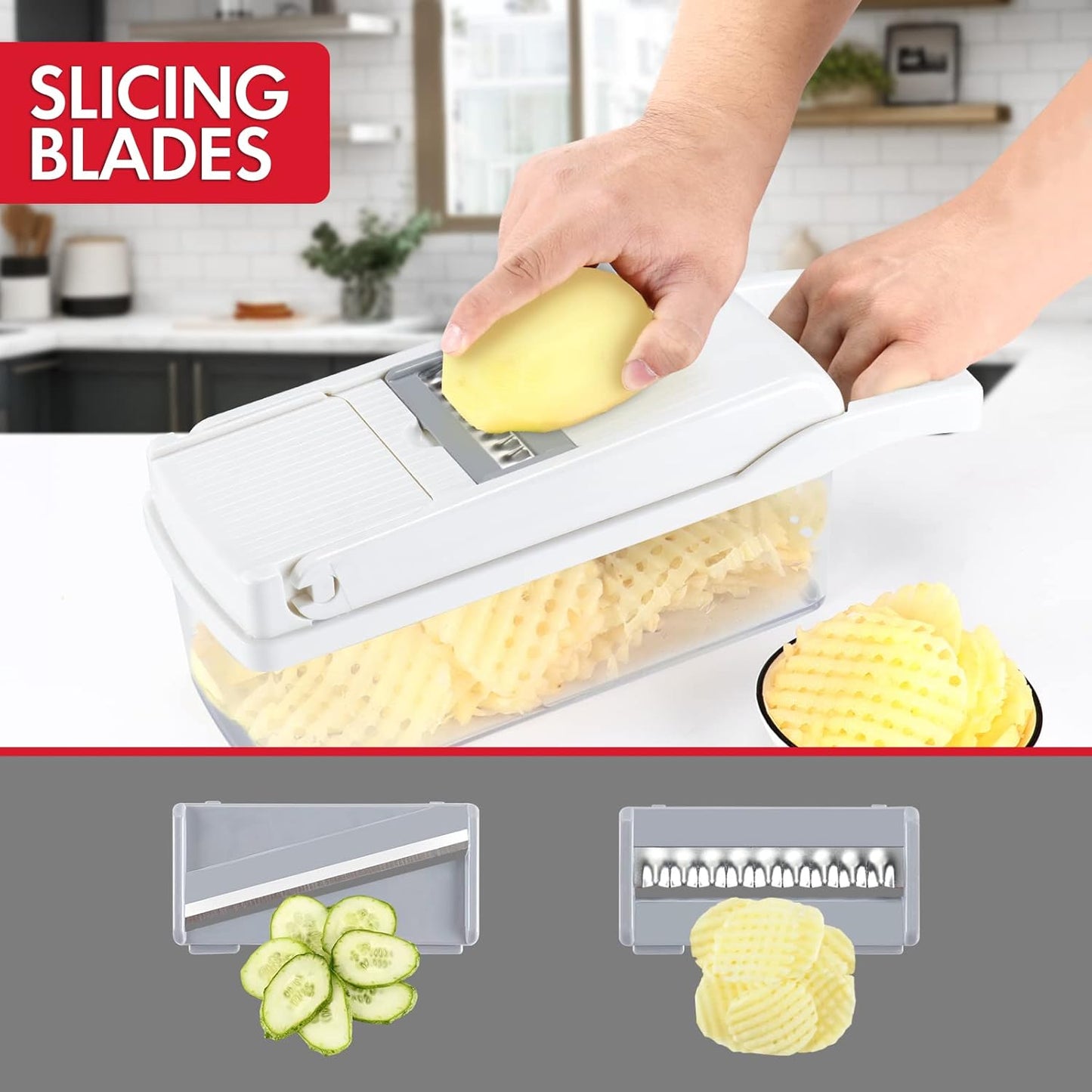 Ourokhome Vegetable Chopper Onion Cutter, 14 in 1 Professional Mandolin Slicer for Kitchen, Multifunctional Food Chopper for Potato, Tomato, Veggie with Strainer Basket, 10 Blades, Gray