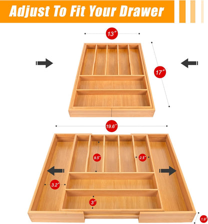 Bellsal Silverware Organizer Kitchen Drawer Organizer Expandable Bamboo Utensil Holder Cutlery Tray for Kitchen Utensil and Flatware Bedroom Office