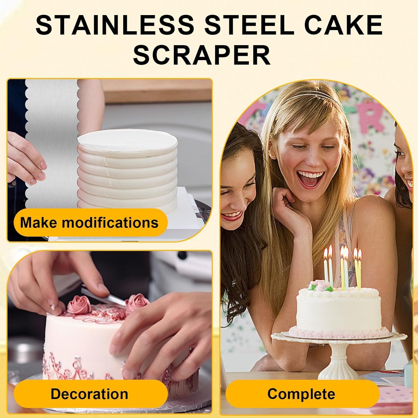 9 Inch Stainless Steel Cake Scraper Set Metal Cake Scraper Large Double Sided Patterned Stripe Edge Smoother for Mousse, Cream Decoration (2 PCS)