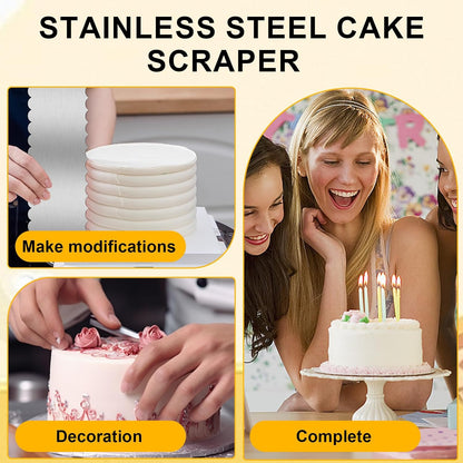 9 Inch Stainless Steel Cake Scraper Set Metal Cake Scraper Large Double Sided Patterned Stripe Edge Smoother for Mousse, Cream Decoration (2 PCS)