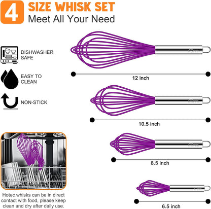 HOTEC 4 Pieces Silicone Whisks Set, Wire Balloon Whisks for cooking Egg Beater, Non-slip Handle Whisk for Non-stick Cookware Perfect for Cooking, Stirring, Beating and Blending (Multicolor)