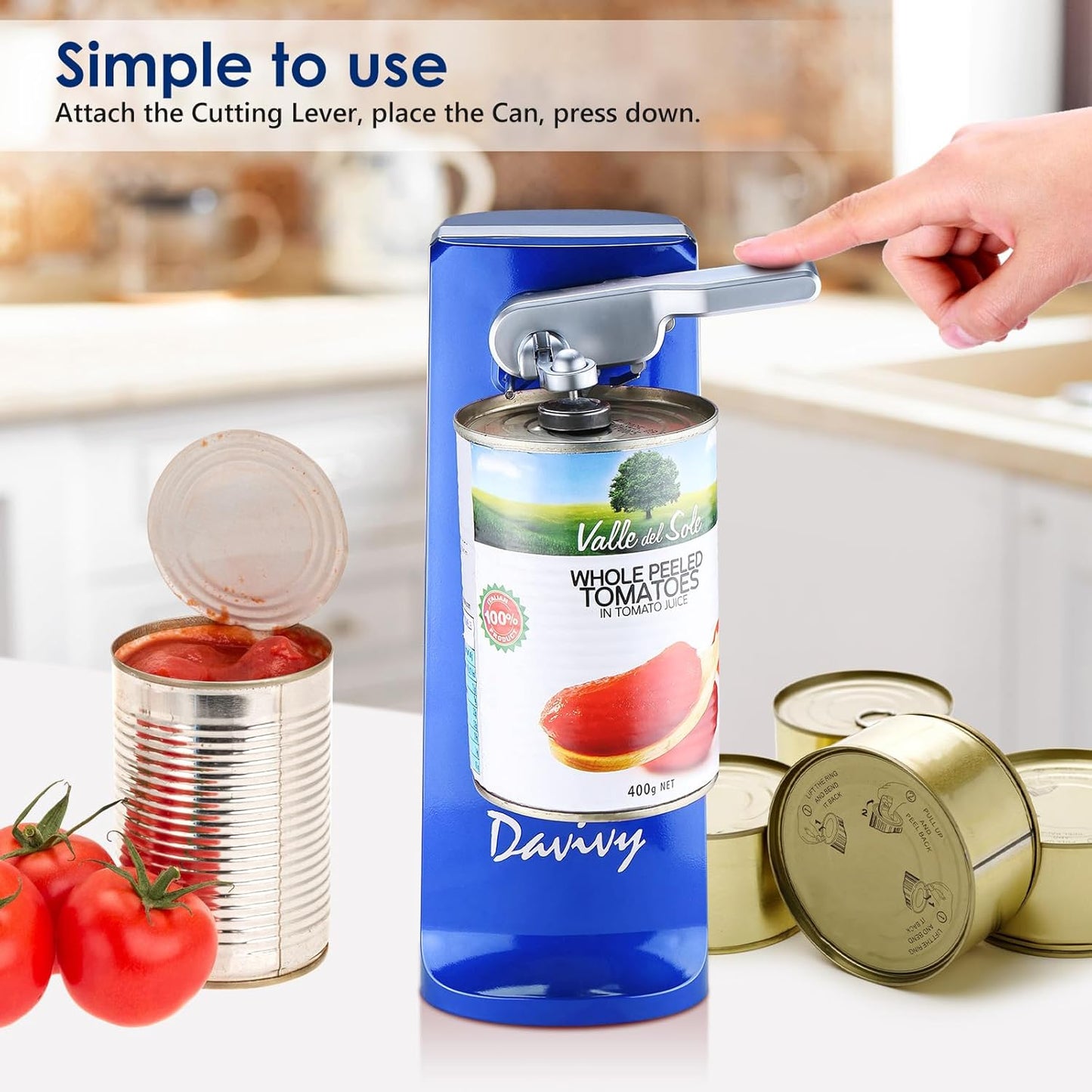 Davivy Electric Can Opener - One-Touch Hands-Free Operation,Removable Stainless Steel Cutter, 3-in-1 Design with Knife Sharpener&Bottle Opener(Blue)