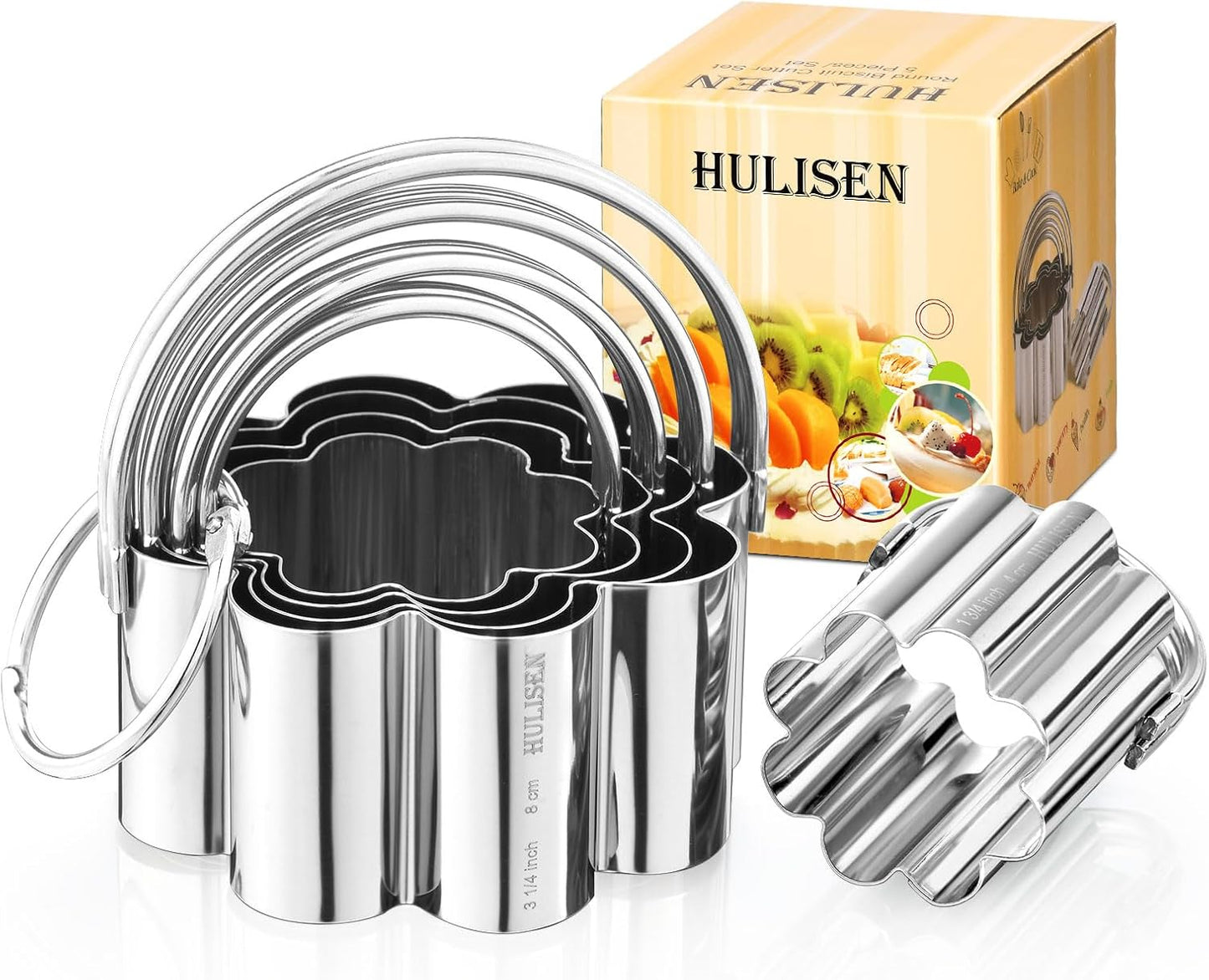 HULISEN Square Biscuit Cutter Set (4 Pieces/Set), Stainless Steel Cookies Cutter with Handle, Professional Baking Dough Tools, Gift Package (Square)