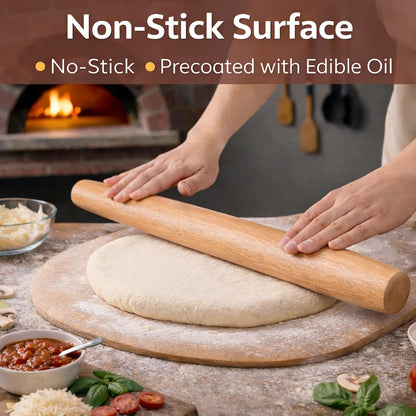 17 Inch French Rolling Pin, Wooden Dough Roller for Baking, Solid Wood Tapered Rolling Pin for Pizza, Pie Crust, Cookies, Pastry, Non-Stick, Easy Control Kitchen Baking Tool, European Beech Wood