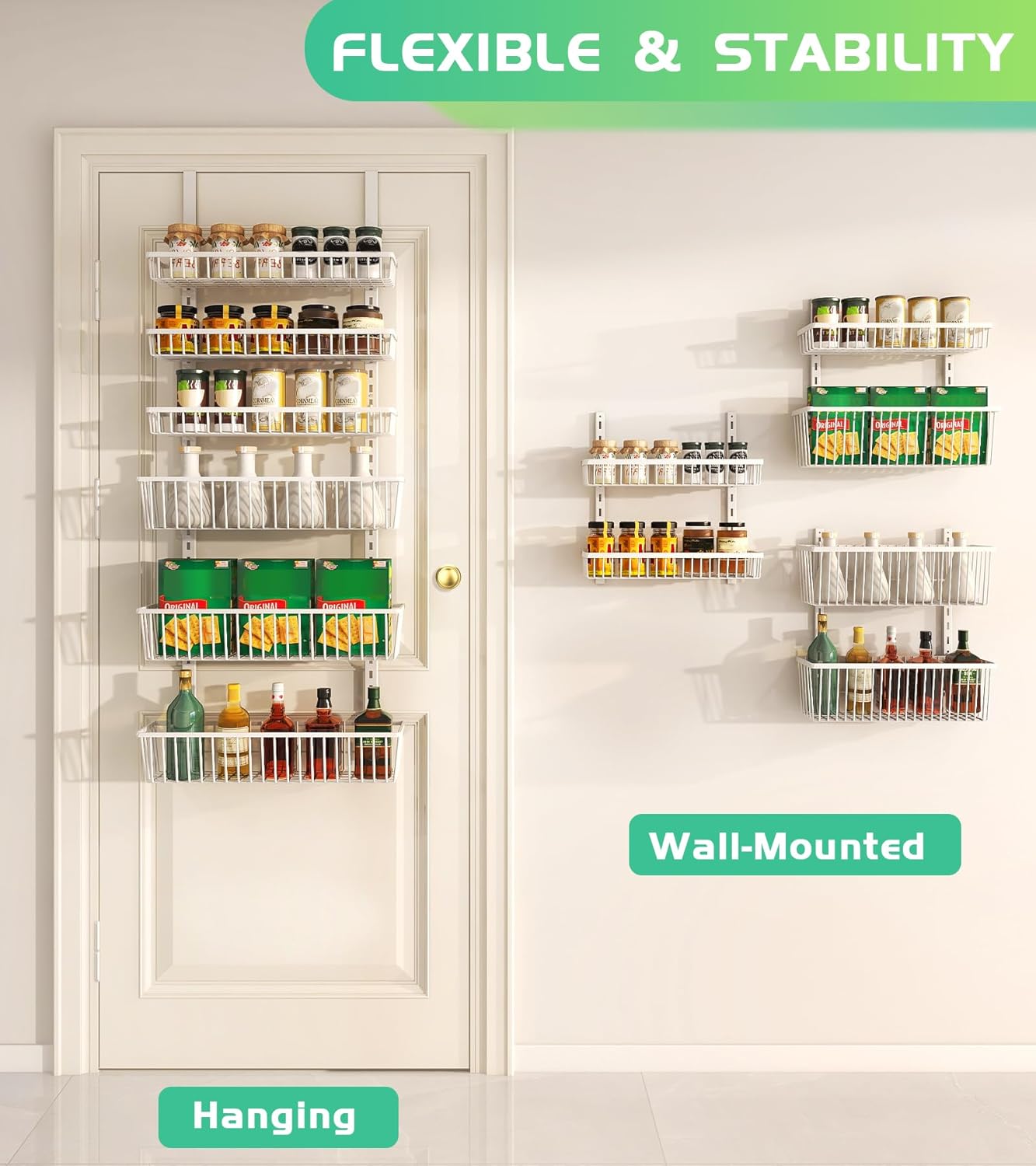 Mefirt White 9-Tier Over The Door Pantry Organizer, Pantry Organization and Storage, Deep Baskets Hanging Heavy-Duty Metal, Wall Spice Rack Seasoning Shelves for Home & Kitchen, Laundry Room Bathroom