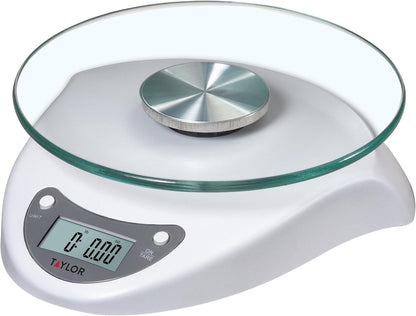 Taylor Digital Kitchen Scale with Glass Platform, Tare Button, and Plastic Body Weighs up to 11 Pounds Capacity, White