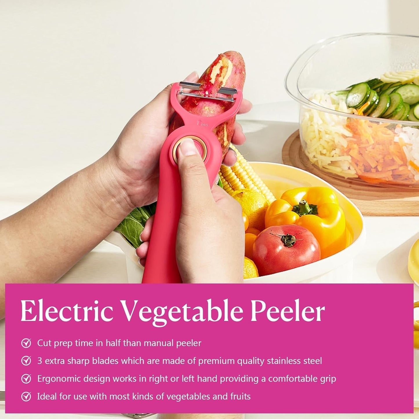 2-in-1 Electric Peeler | Auto Blade for Fruits/Vegetables | 2 Interchangeable Blades | 2*AAA | Kitchen, Travel, Camping