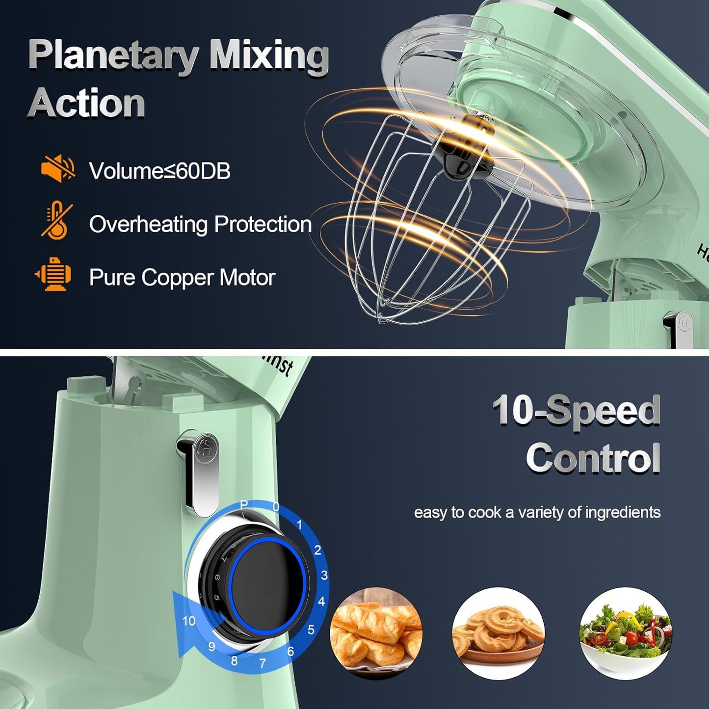 Honinst Stand Mixer, 6.5QT 10-Speed Tilt-Head Electric Stand Mixer, 3-In-1 Kitchen Mixer with Bowl, Dough Hook, Whisk and Beater, Food Mixer for Baking, Cake and Most Home Cooks, Black