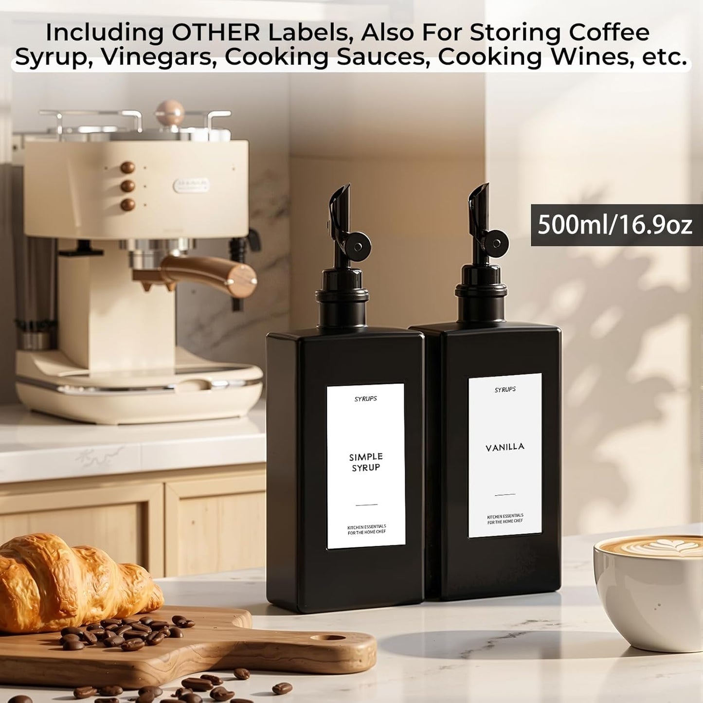 2PCS 16.9oz Olive Oil Dispenser Bottle For Kitchen, Soy Sauce Dispenser, Dark Glass Bottles for Oil and Vinegar Dispenser Set W.2 Replacement Spouts & Labels, Coffee Syrup Dispenser (Black)