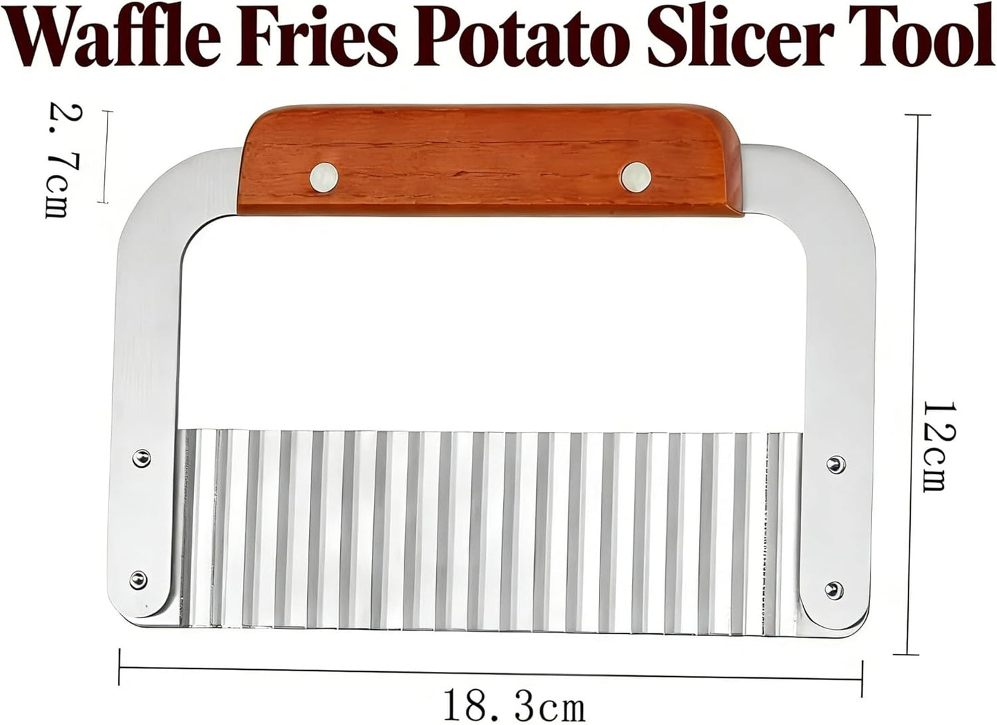 French Fry Slicer with Stainless Steel Blade and Wooden Handle, Vegetable Salad Chopping Knife for Veggies, Fruit, Potato, Soap, Waffle fries and Pickle, Crinkle Cutting Knife ﻿
