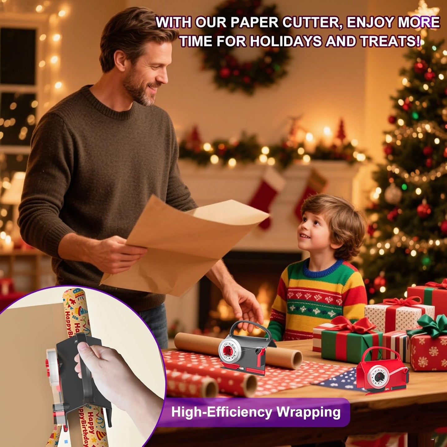 Upgrade 2 Pack Wrapping Paper Cutter &Tape Dispenser Dual Use, Gift Wrap Cutter Tool with 4 Tapes, 2 Replace Blades Kit for Rolls Paper, Perferct for Christmas Birthday, Easy Cut for Present Wrapping
