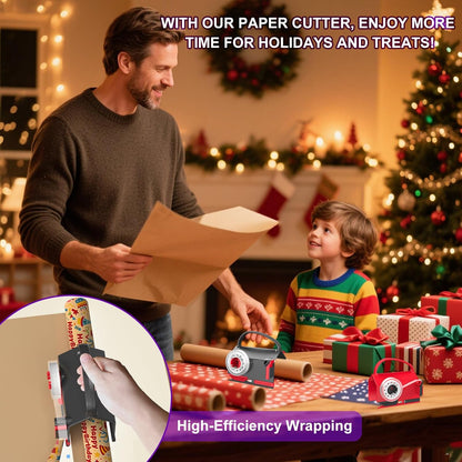 Upgrade 2 Pack Wrapping Paper Cutter &Tape Dispenser Dual Use, Gift Wrap Cutter Tool with 4 Tapes, 2 Replace Blades Kit for Rolls Paper, Perferct for Christmas Birthday, Easy Cut for Present Wrapping