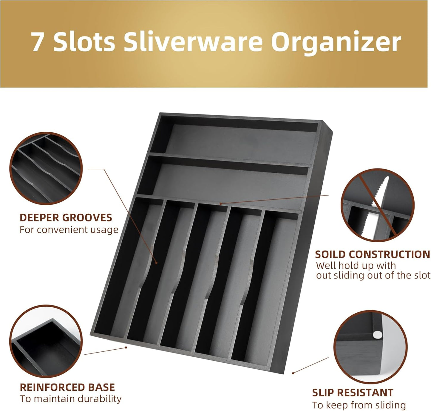 Silverware Organizer Small Bamboo Kitchen Drawer Organizer Utensil Organizer Silverware Holder Cutlery Organizer in drawer Flatware Organizer Tray (Black 4 Slots)