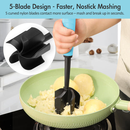 Ourokhome Meat Chopper and Potato Masher, Heat Resistant Nylon Ground Beef Smasher for Hamburger, 5 Curved Blades Nonstick Mixer & Stirrer, Practical Kitchen Gadgets, Black
