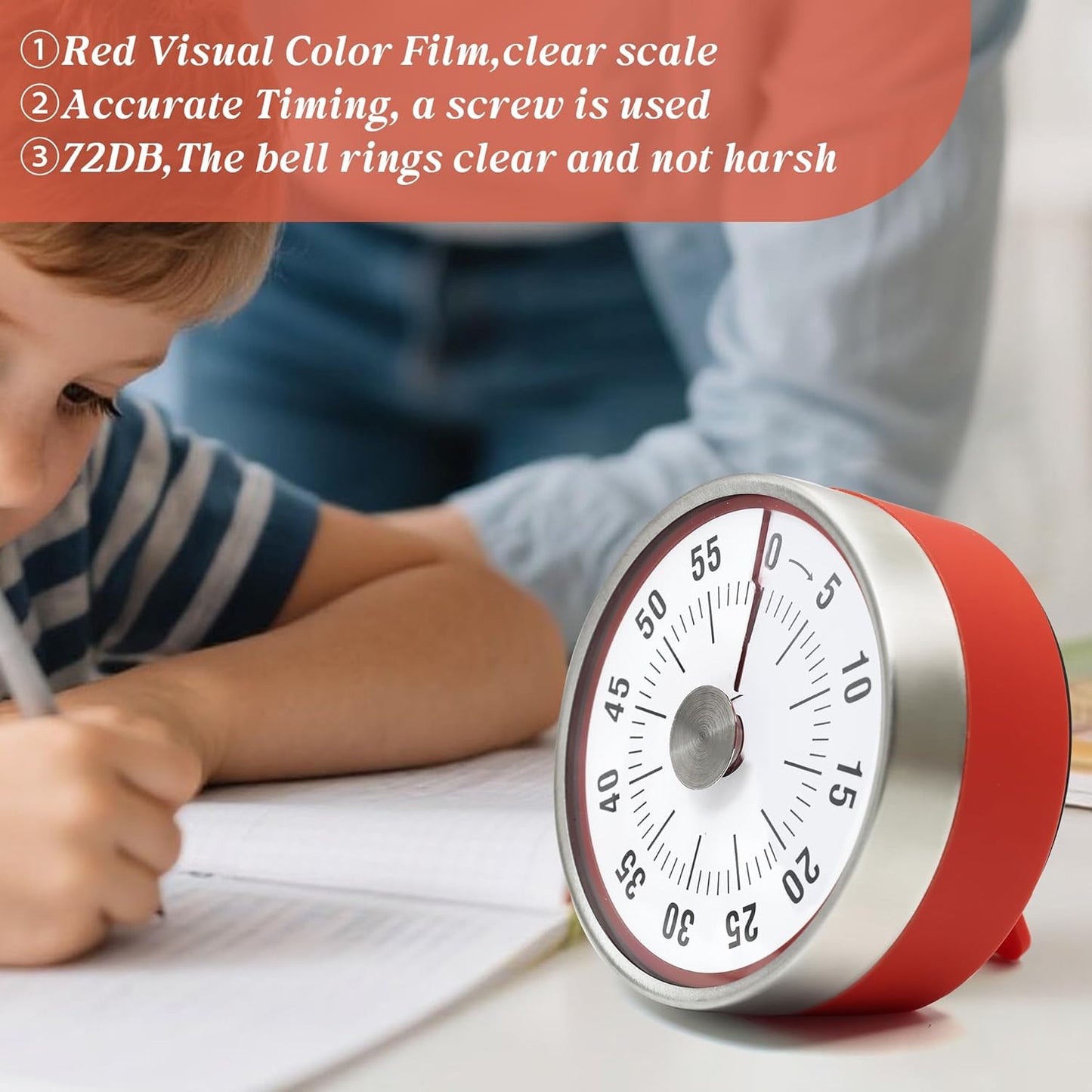 Kitchen Timer for Cooking,Chef Cooking Timer Clock,Visual Timers,60-Minute Countdown,Magnetic Base, Mechanical Clockwork,No Batteries Required,Ringer Alert,Timers for Kitchen/Study/Work/Gym,White
