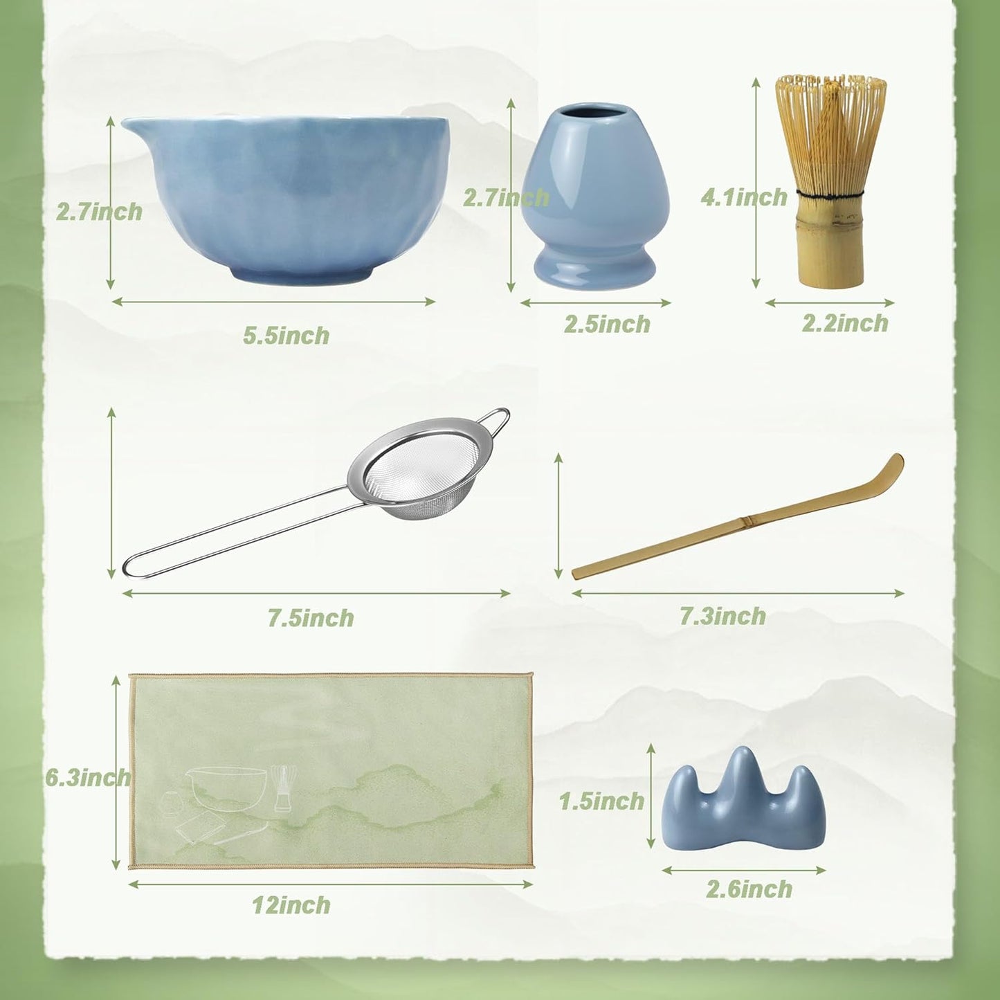 Matcha Whisk Set – Ceramic Matcha Bowl with Pour Spout, Bamboo Whisk, Whisk Holder, Scoop, Sifter – Japanese Matcha Kit for Beginners (Blue)