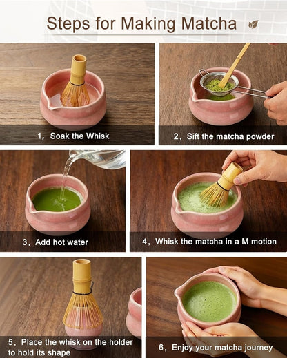 Matcha Whisk Set - 8Pcs Matcha Set includes Bowl, Whisk and Holder, Bamboo Scoop, Scoop Rest, Spoon, Sifter and Tea Towel, for Matcha Lovers, Gift- Green