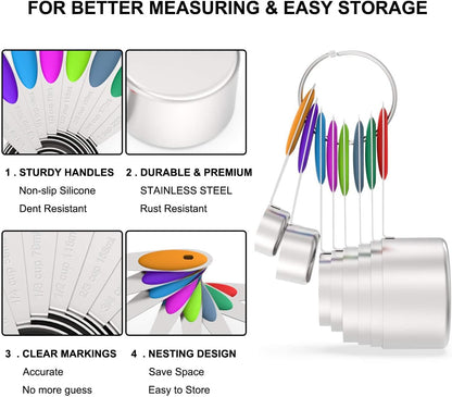 Measuring Cups and Magnetic Measuring Spoons Set, Wildone Stainless Steel 16 Piece Set, 8 Measuring Cups & 7 Double Sided Stackable Magnetic Measuring Spoons & 1 Leveler