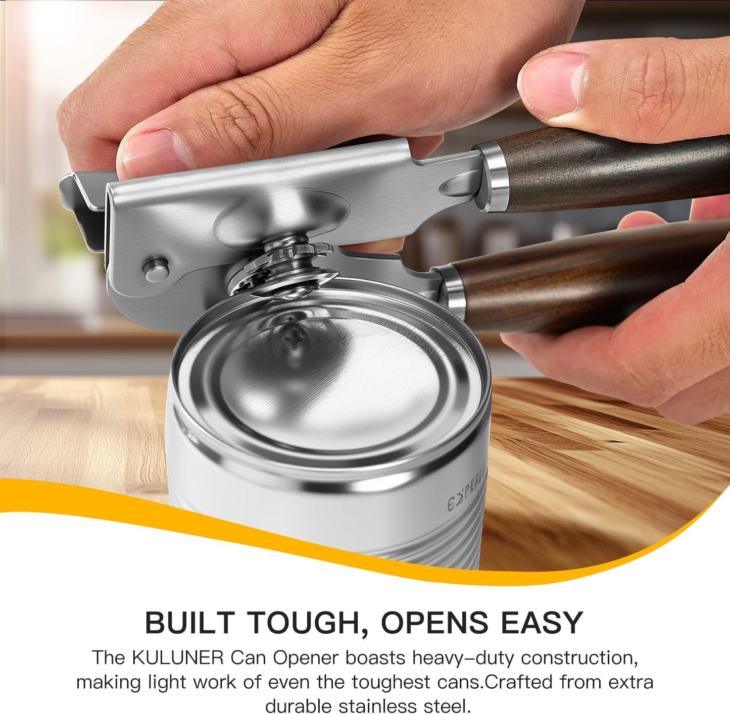 Upgraded Efficient Manual Can Opener - Selected Solid Wood Handle, Sharp and Smooth Blade Edge, Portable Design, Easy-Open Large Knob, Versatile for Various Bottle Caps（Rosewood）