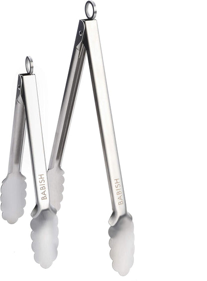 Babish 2-Piece Locking Kitchen Tongs Set – 12” & 9” Stainless Steel Cooking Tongs with Non-Slip Grip – Heavy-Duty BBQ, Grilling & Serving Tools
