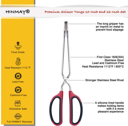 HINMAY Stainless Steel Scissor Tongs 10-Inch and 12-Inch Set, Set of 2