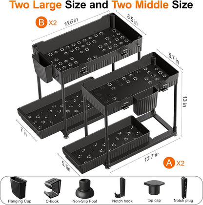Sevenblue 4 Pack Under Sink Organizer, Bathroom Organizers and Storage, 2 Tier Multi-Use Pull Out Cabinet Organizer with Hang Hooks and Cups (Black, 4 Pack)