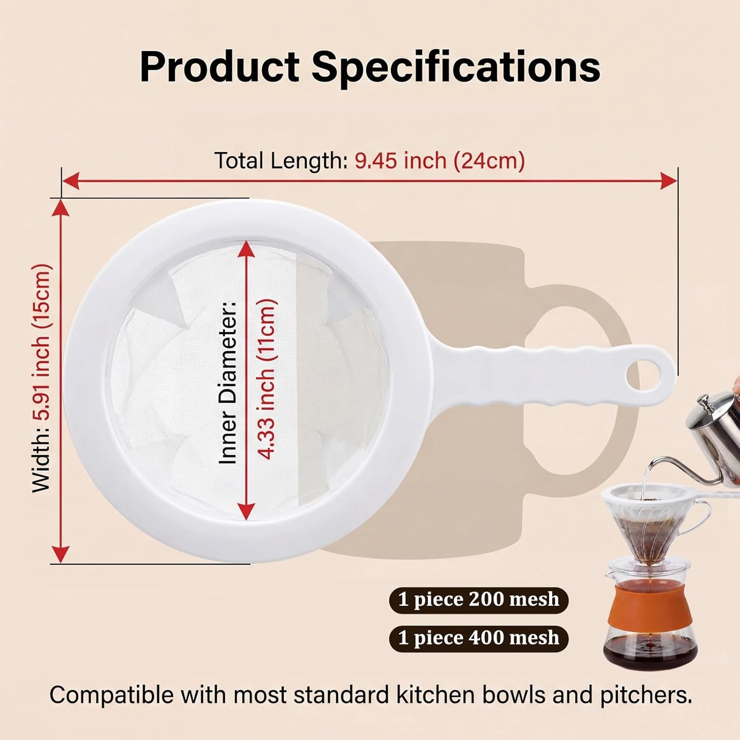 2 Pcs Fine Nylon Mesh Strainer, 200+400 Mesh Ultra Mesh Sieve Mini Kitchen Colander Food Yogurt Mesh Sieve for Filtering Yogurt Juice Milk Honey Coffee Flour