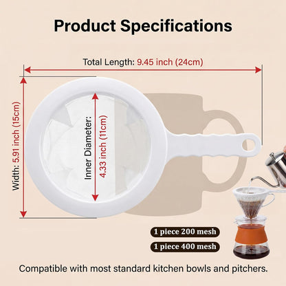 2 Pcs Fine Nylon Mesh Strainer, 200+400 Mesh Ultra Mesh Sieve Mini Kitchen Colander Food Yogurt Mesh Sieve for Filtering Yogurt Juice Milk Honey Coffee Flour