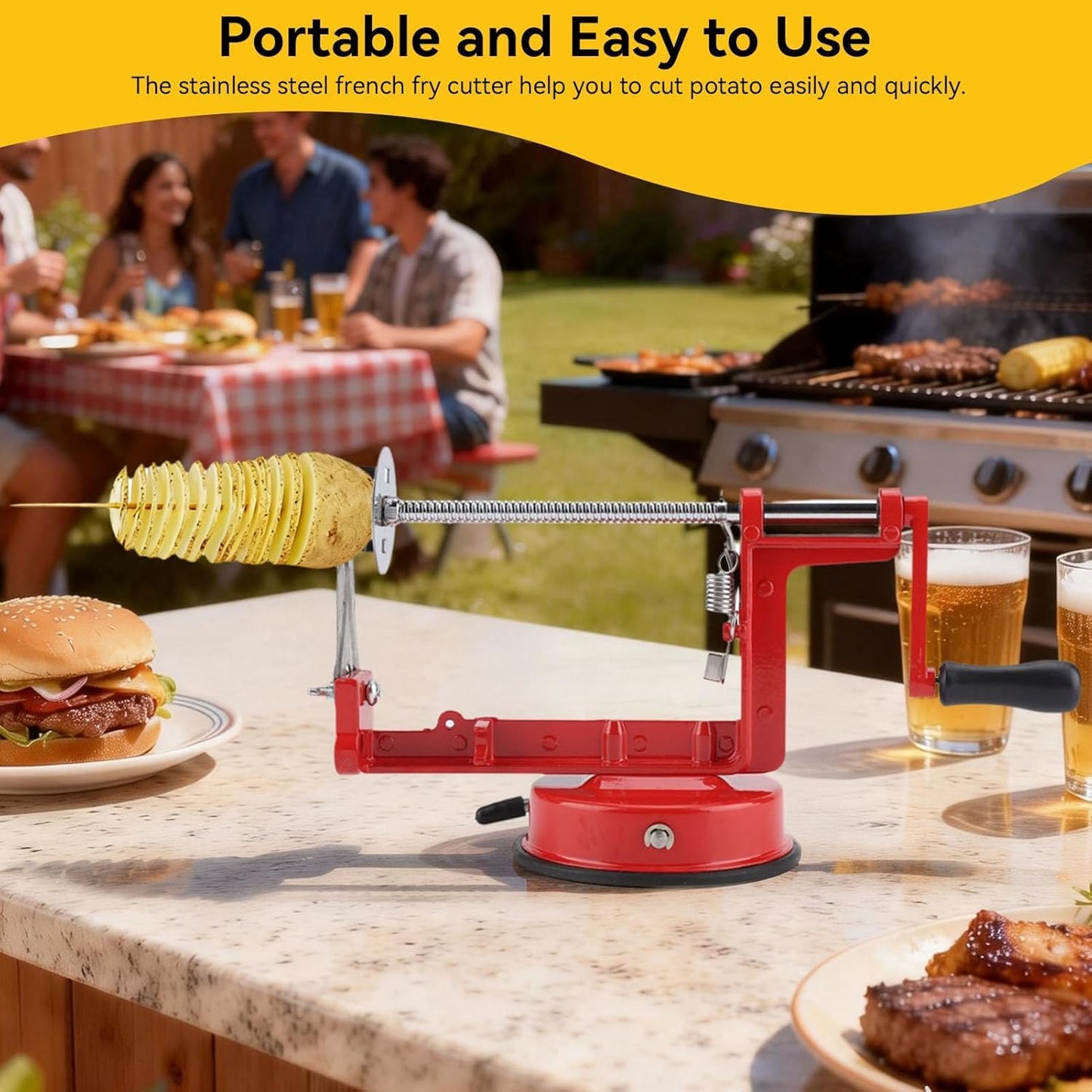 Potato Spiral Cutter, Twisted Potato Slicer Stainless Steel French Fry Cutter Hand Crank Curly Fries Potato Cutter with Suction Base for Potato