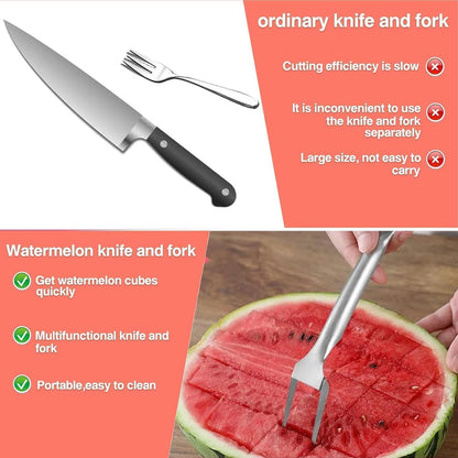 Watermelon Cutter, 2-in-1 Stainless Steel Fruit Cutter, Dual Head Watermelon Fork Slicer Tool, Summer Fruit Cutting Kitchen Gadget for Home (Round-2PCS)