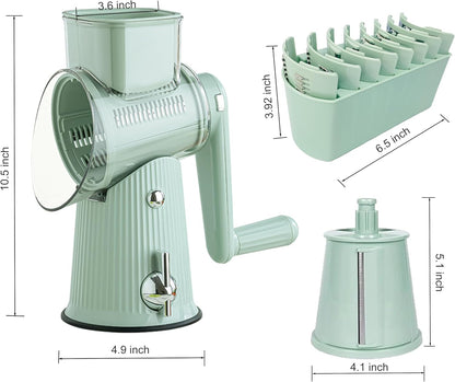 5-in-1 Rotary Cheese Grater Vegetable Slicer, 5 Interchangeable Blades Food Shredder with Anti-Slip Reinforced Suction Base, Kitchen Mandoline Chopper with Blade Storage Box (Green)