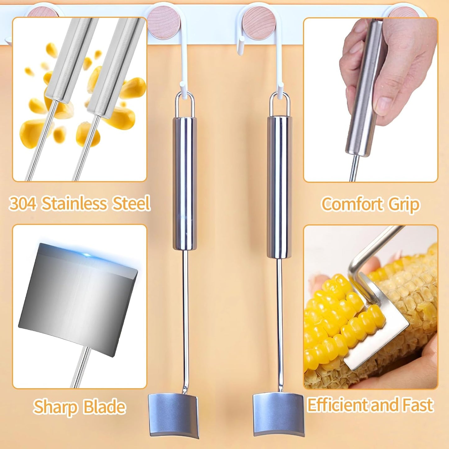 2-Pack Premium Stainless Steel Corn Cob Stripper Tool, Corn Kernel Remover & Peeler for Corn on the Cob, Handy Kitchen Gadget for Fast & Clean Corn Kernel Cutting and Stripping