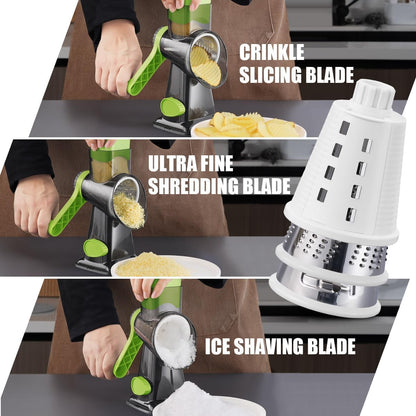 KEOUKE Rotary Cheese Grater Hand Crank Transparent - Shredder Slicer Grinder 3 Stainless Steel Blades, Stable Suction, Labor-Saving Handle, Safe Kitchen Tool for Cheese, Vegetable, Nuts, Chocolate