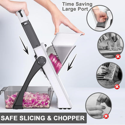 QYKIC Upgrade Safe Mandoline Slicer for Kitchen, Vegetable Chopper and Slicer, Potato Slicer Thickness Adjuster, French Fry Cutter, Veggie Onion Dicer Faster Kitchen Mandolin for Meal Prep