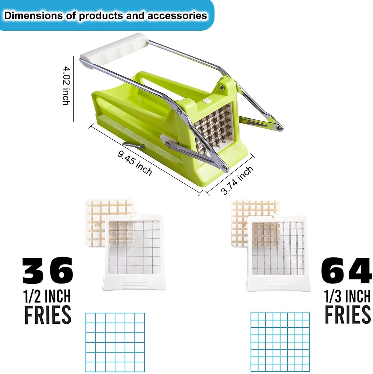 French Fry Cutter, Potato Slicer French Fries with 2 Different Sizes Stainless Steel Blades and No-Slip Suction Base for Potatoes Carrots Cucumbers