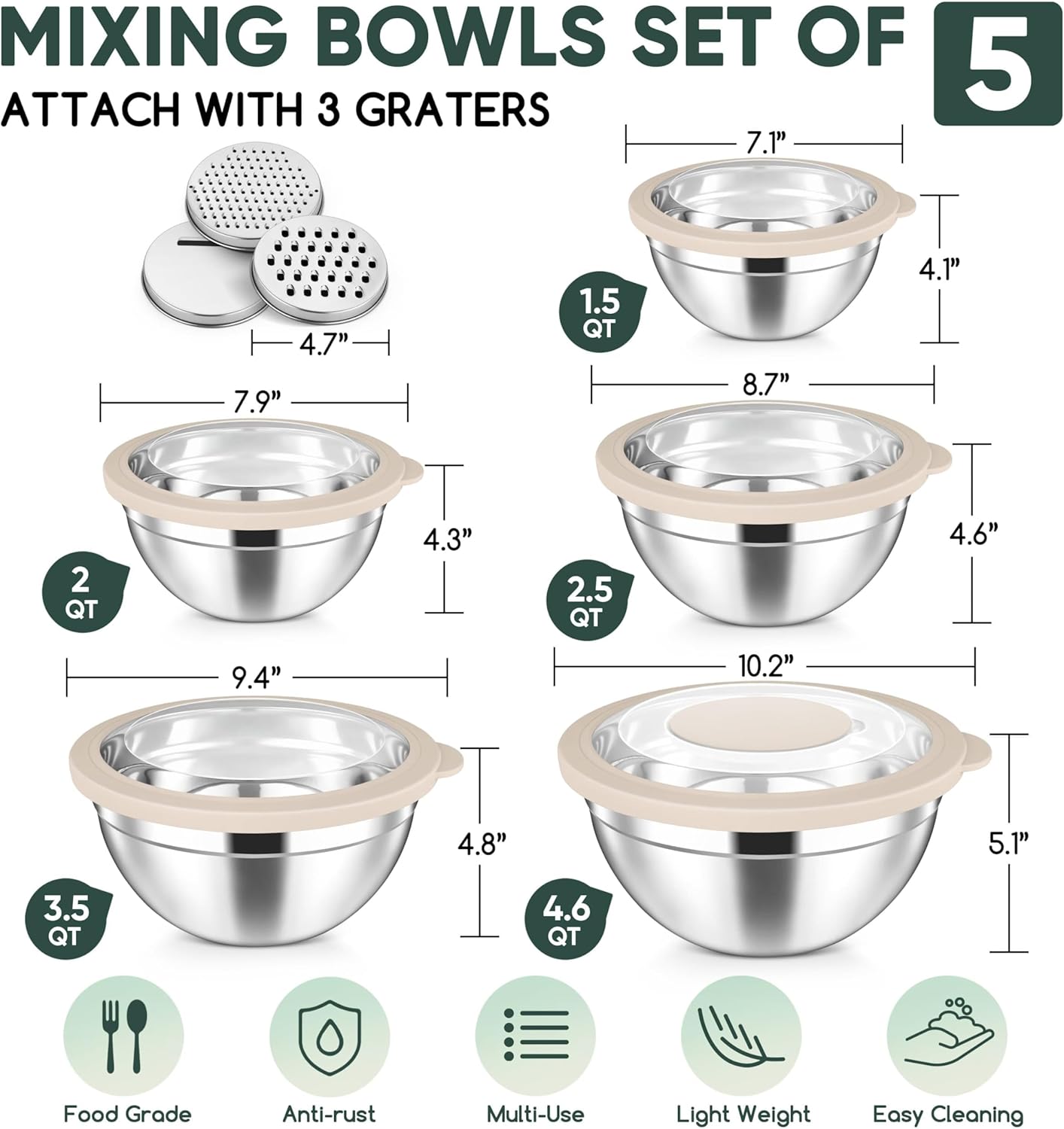 Herogo 5-Piece Mixing Bowls with Airtight Clear Lids, 3 Grater Attachments, Stainless Steel Salad Bowls for Kitchen, Size 4.6, 3.5, 2.5, 2, 1.5QT Ideal for Baking, Prepping and Serving, Khaki