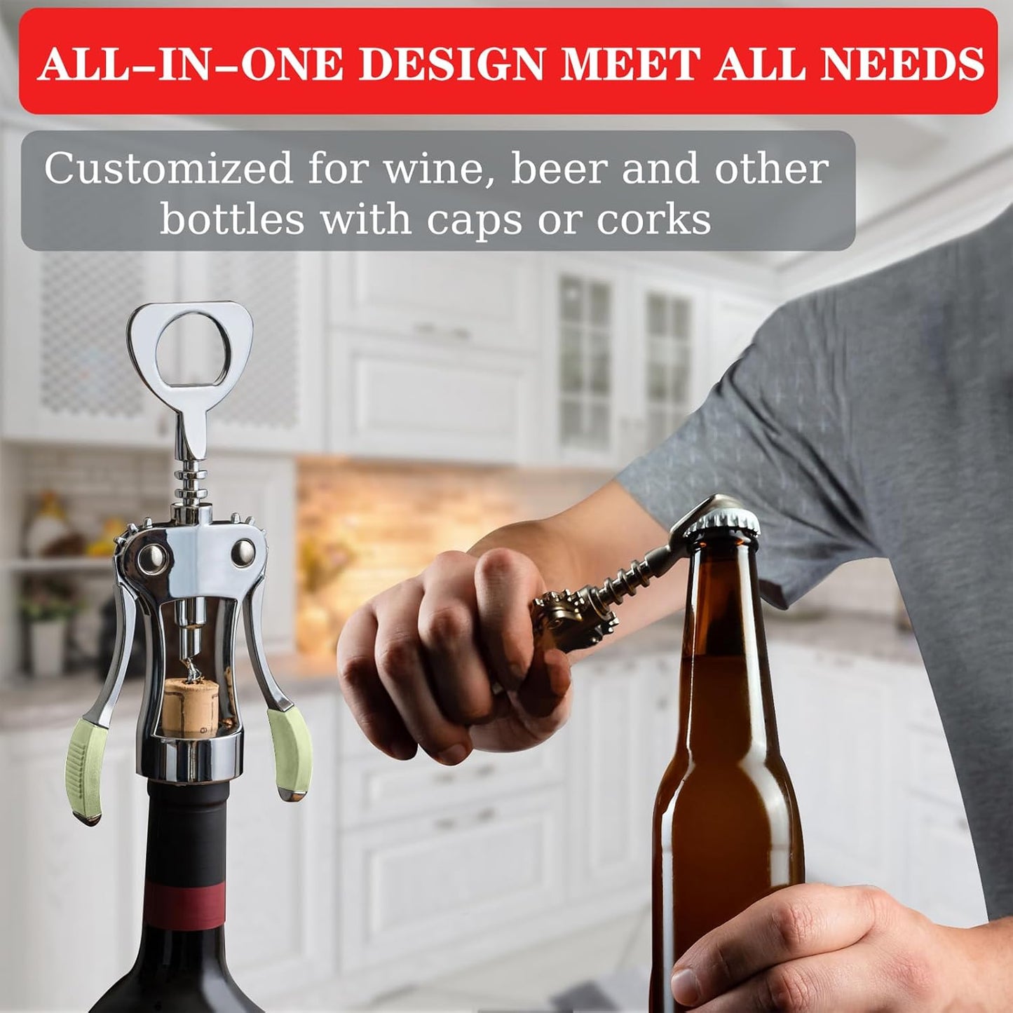 KORCCI Wine Opener, Heavy-Duty Zinc Alloy Wing Corkscrew, Premium Beer Bottle Opener, Multifunctional Wine Accessories with Ergonomic Handle and Sharp Screw, for Kitchen, Bar, Restaurant (SILVER)