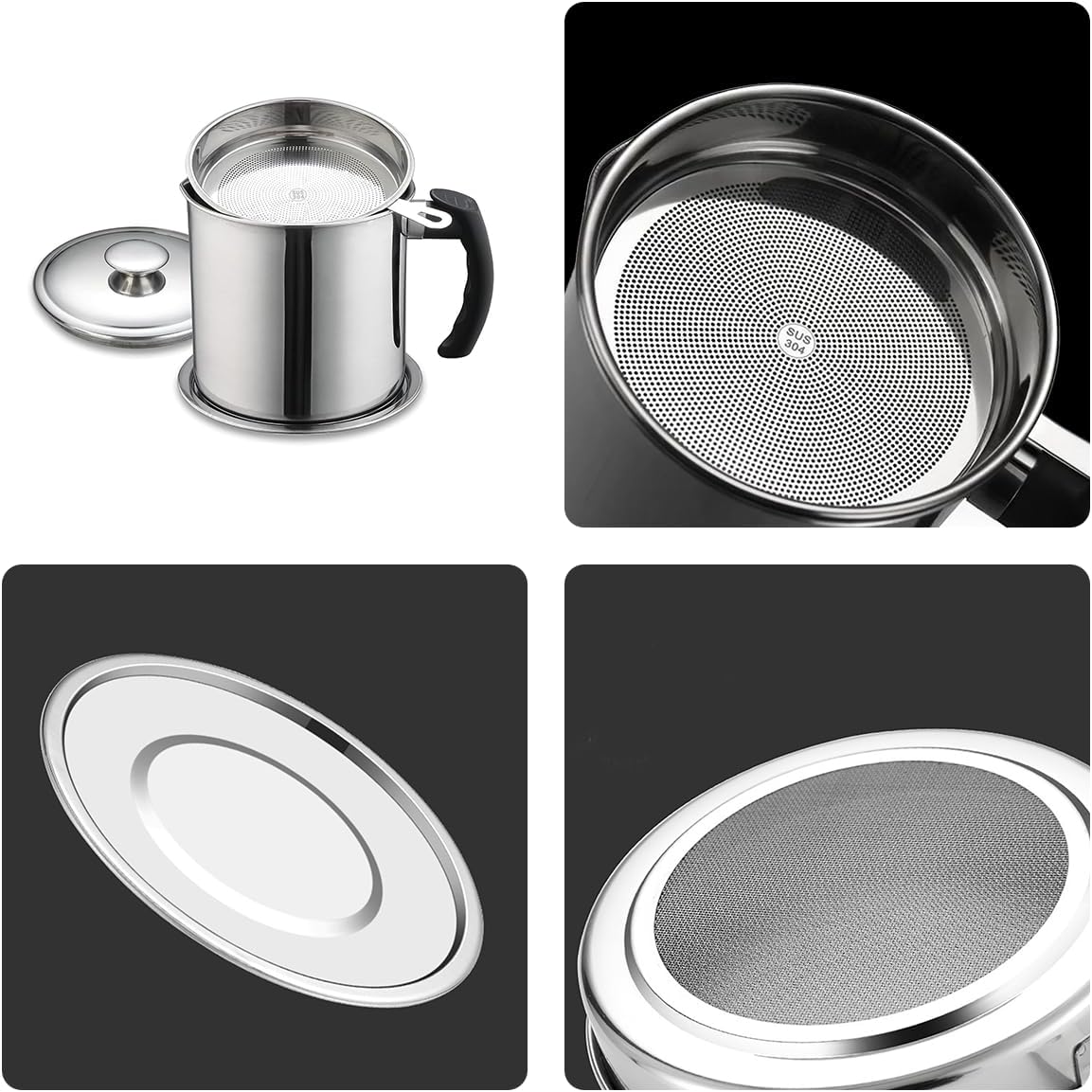 Grease Container with Fine Mesh Strainer kitchen oil storage tank pot (1.8 L Silver)
