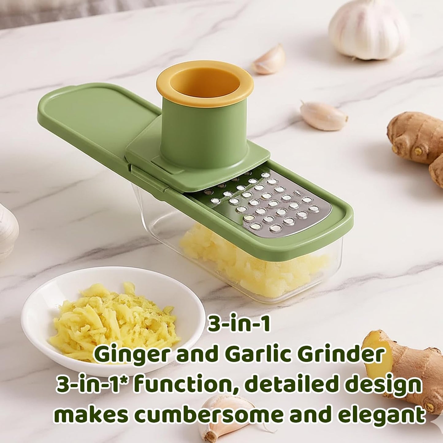 3-in-1 Garlic Slicer Super Thin,Garlic Ginger Grinder Set with 1 Grater and 2 Cleaning Brushes, Stainless Steel Blades, ABS and PET Material, Easy to Use and Clean, Kitchen Essential
