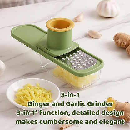 3-in-1 Garlic Slicer Super Thin,Garlic Ginger Grinder Set with 1 Grater and 2 Cleaning Brushes, Stainless Steel Blades, ABS and PET Material, Easy to Use and Clean, Kitchen Essential