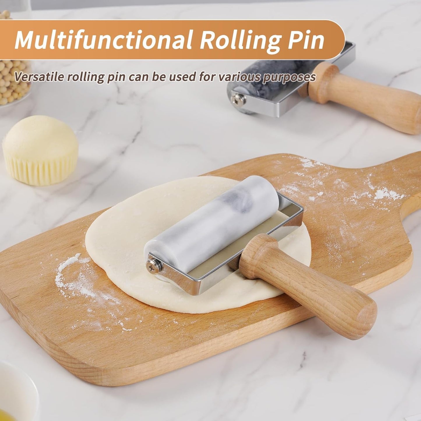 Small Marble Rolling Pin Pizza Roller with Dough Scraper Cutter, Marble Roller Non-Stick T-Type, For Cake Baking Tortilla Fudge Pizza Cookies and Other Kitchen Baking Cooking(White)