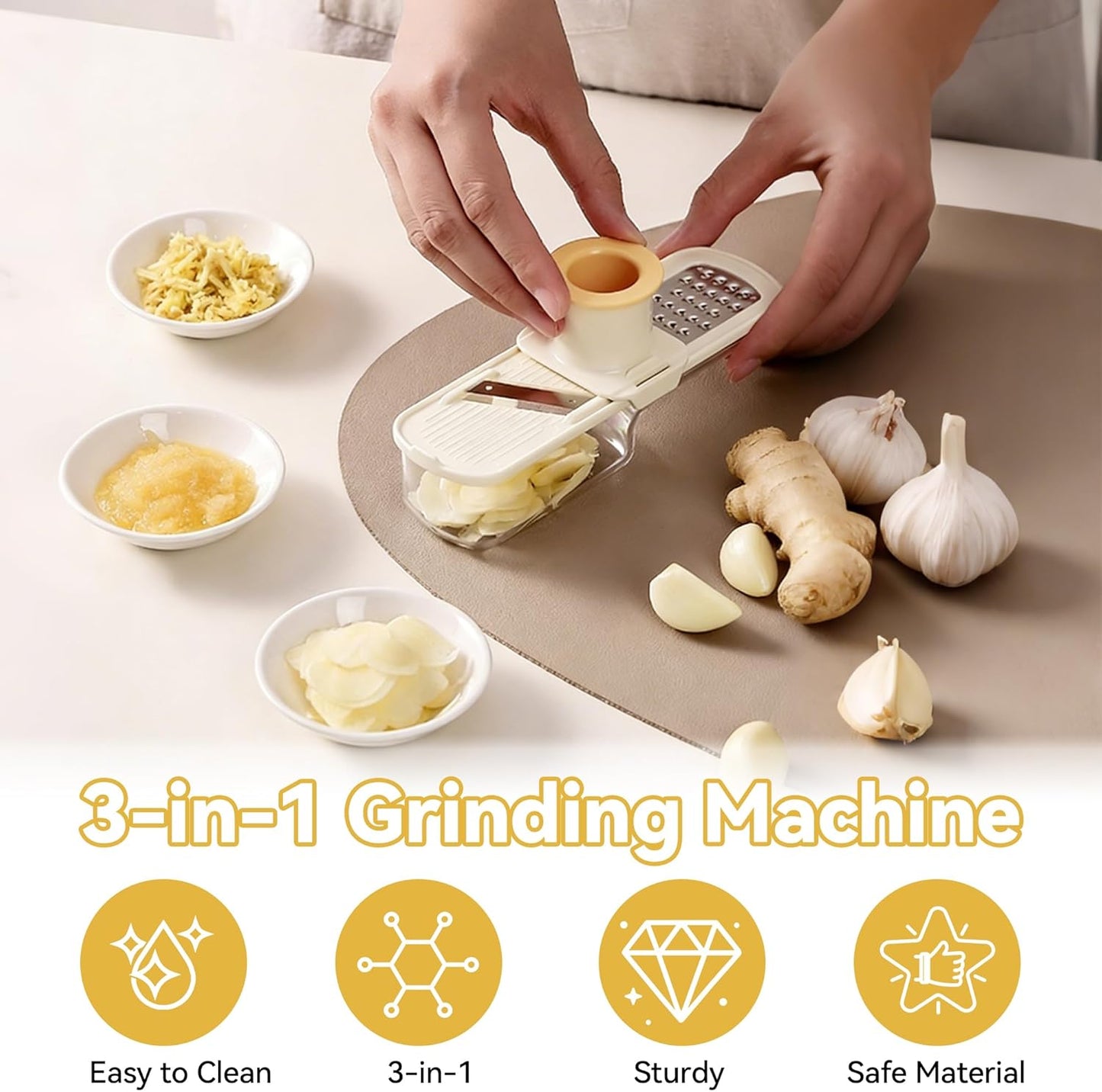 3 in 1 Garlic Slicer Set with Ginger Grater, Vegetable Peeler, Garlic Peeler & Brush, Soft Ergonomic Handle Kitchen Tool, Vegetable Chopper with Container, Ideal Kitchen Helper
