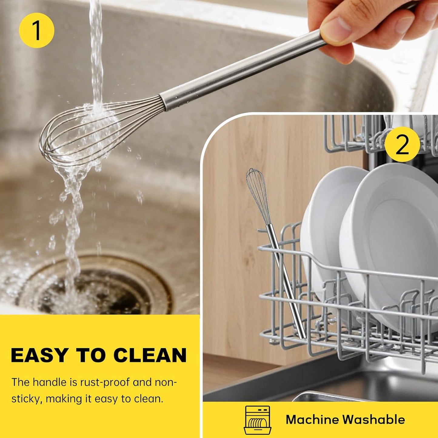 NileHome Stainless Steel Whisk 8" Hand Blender + 10" Semi-Automatic Rotary Kitchen Whisk Kitchen Wisk Wire Whisks for Cooking, Whisking, Blending, Beating, Stirring- 2 Pack...