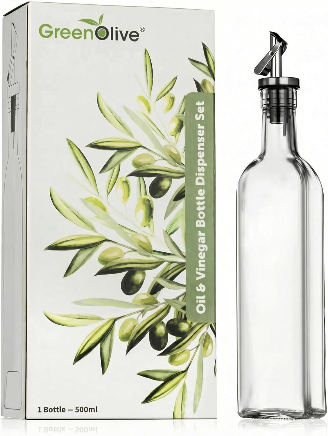 GREENOLIVE Olive Oil Dispenser Bottle - 17 oz. Clear Glass Bottle with No-Drip BPA-Free Spout - Ideal for Kitchen and Cooking Essentials - Single Bottle