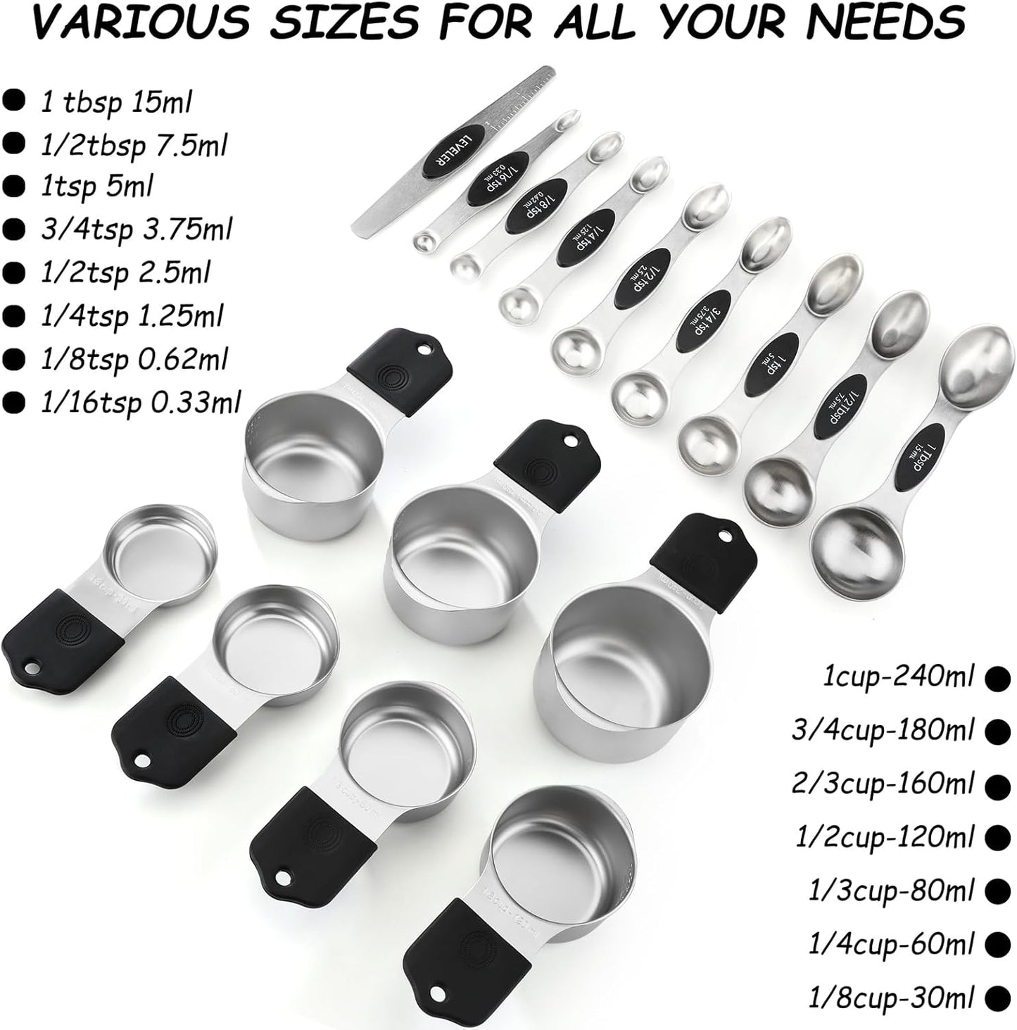 Magnetic Measuring Cups and Spoons Set of 16 Including 7 Stainless Steel Stackable Magnetic Measuring Cup 8 Magnetic Measuring Spoon with Leveler for Measuring Dry Liquid Ingredient
